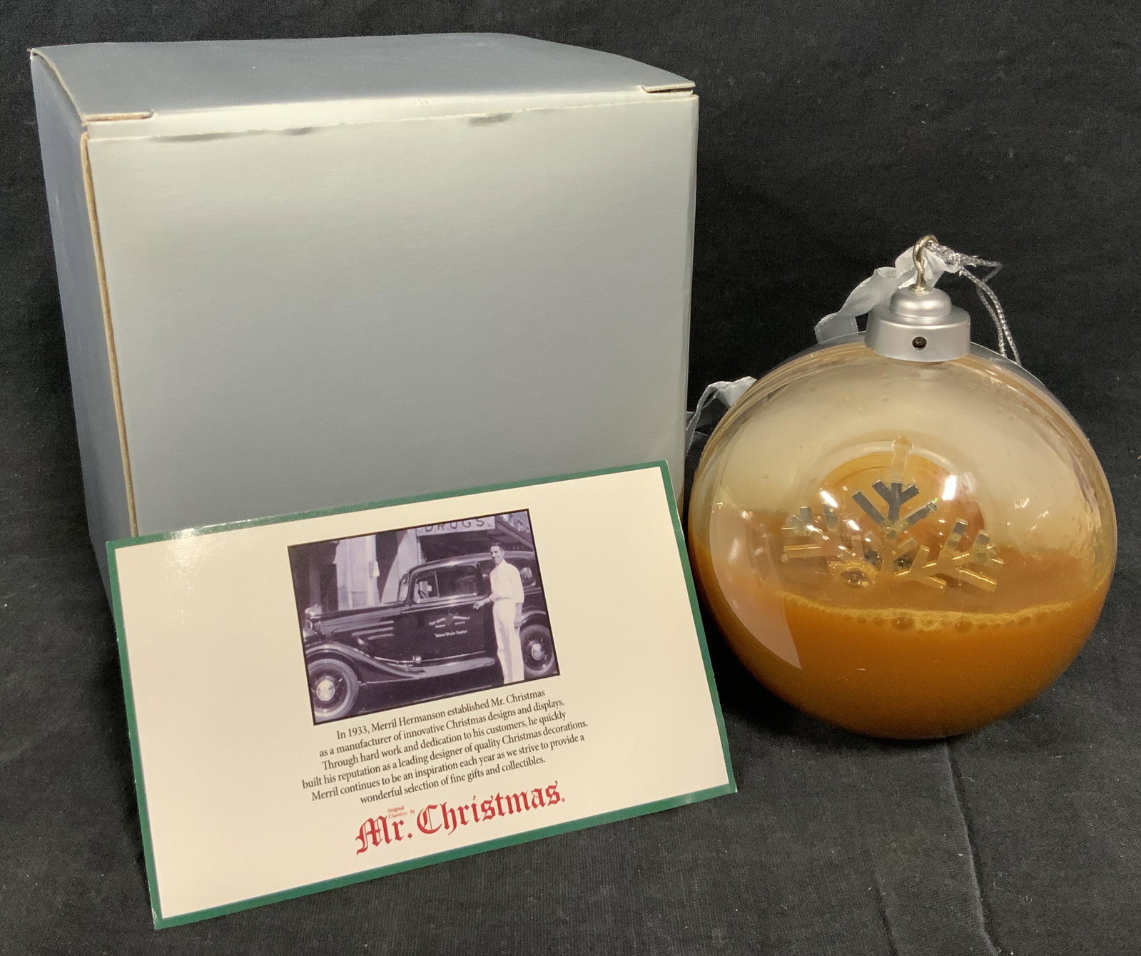 Mr.Christmas Light-up Snowball: Mr.Christmas Light-up snowball ornament, piece comes in original box, lot comes with ornament label and instructions on use, box measures 5.5 x 5 x 5 inches, Mr.Christmas Ornaments, ornaments, Christm