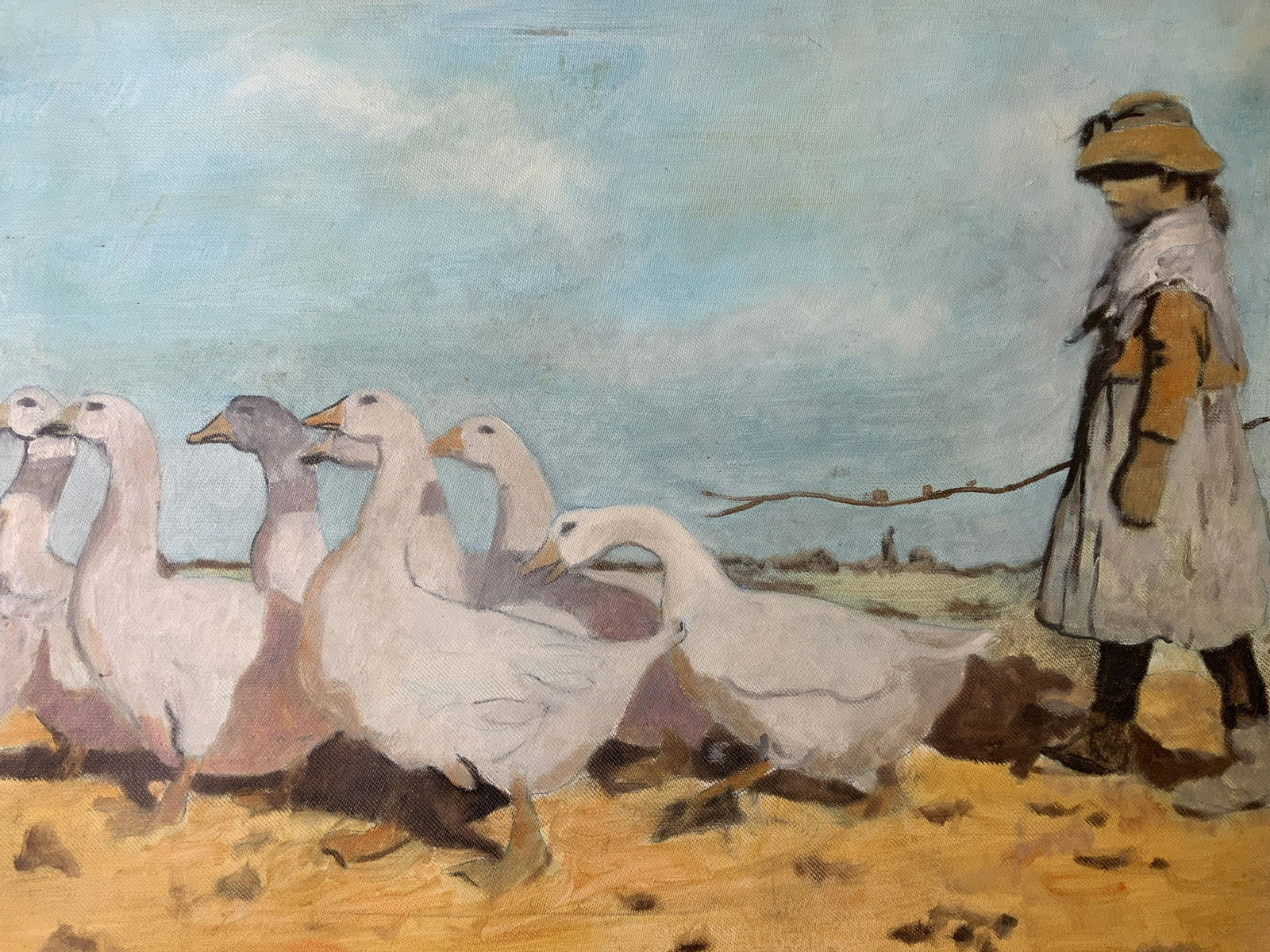 Acrylic Painting of Girl Tending to Geese (1 of 5)