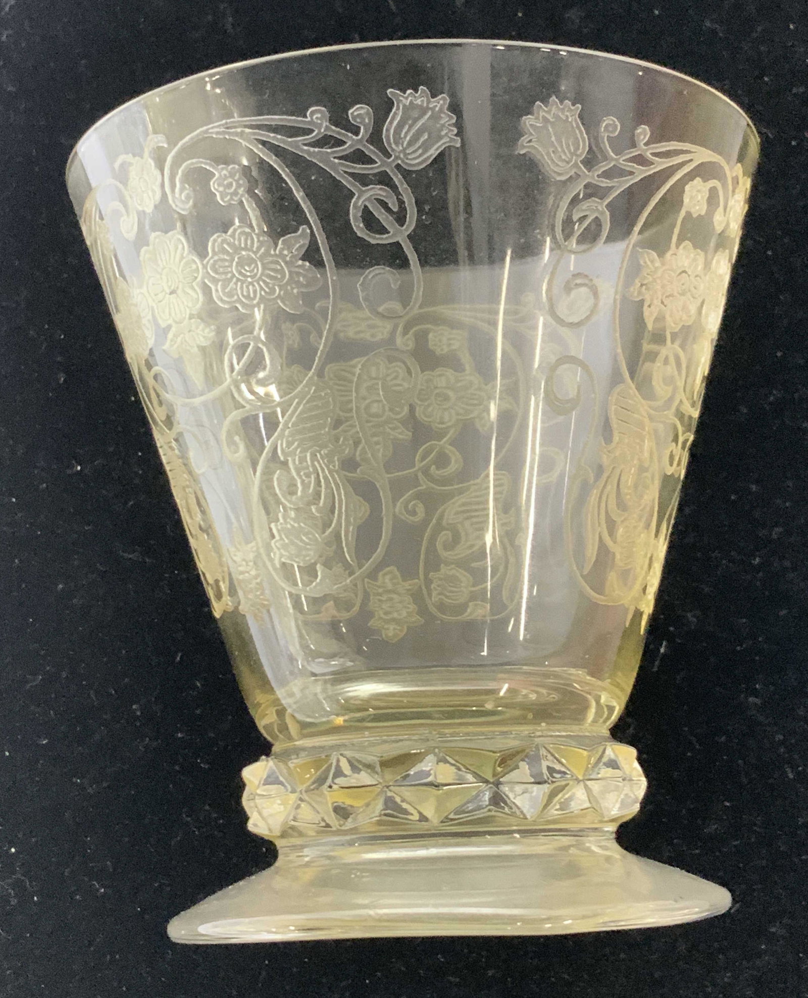 28 Yellow Crystal Faceted Depression Glasses: Large set of cocktail glasses, vintage depression era etched crystal with faceted edges, scrolled pattern, 3 different styles. Tall wine glasses 7 in. Ht, 3.75 in width. Compote/cosmopolitan/ cocktail