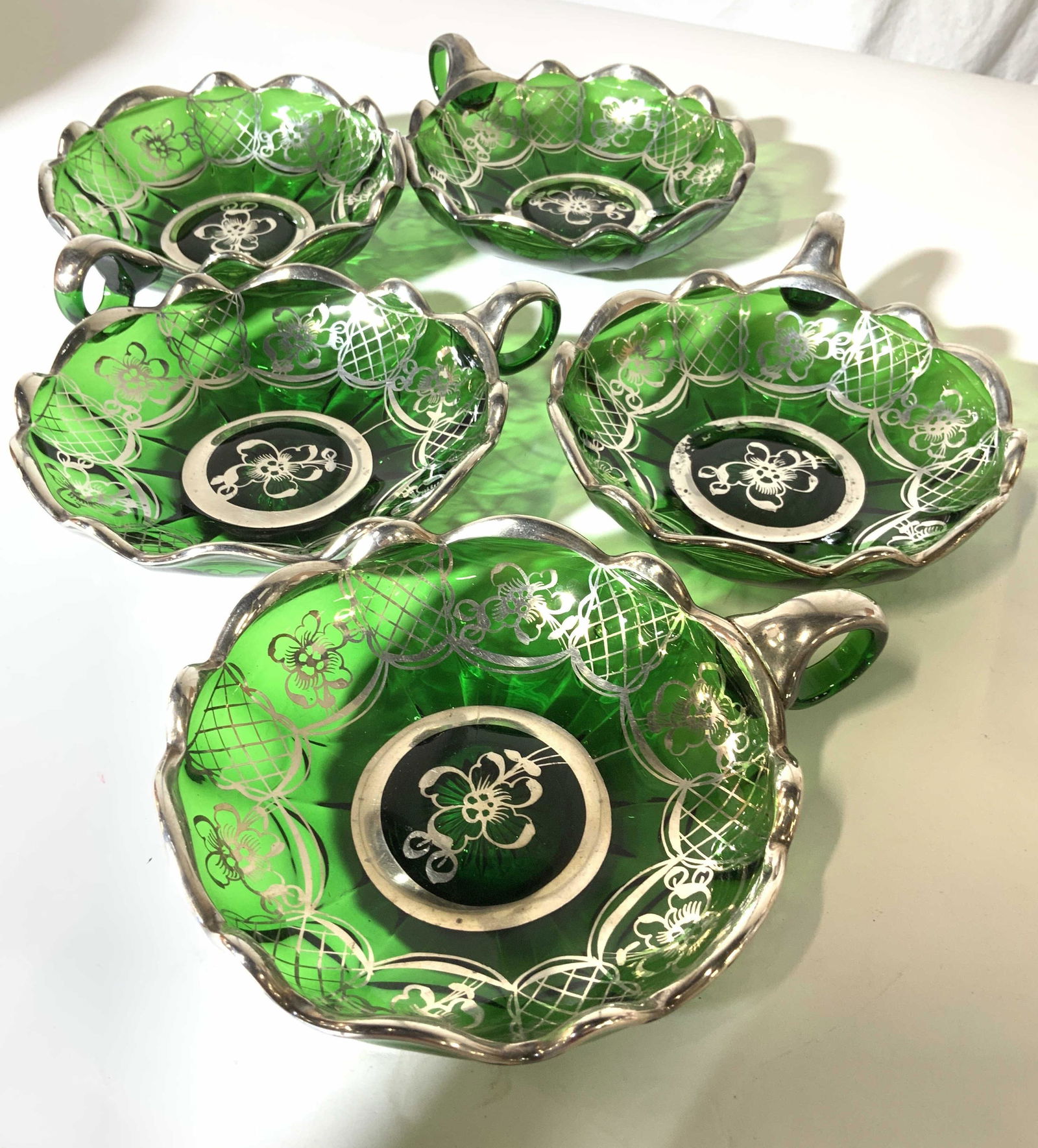 Set 5 Vintage Green Moser Glass With Silver (1 of 7)