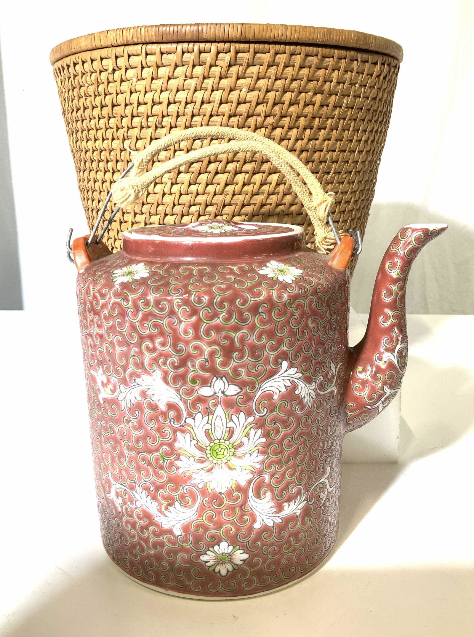 Signed vintage Porcelain Teapot in Basket (1 of 7)