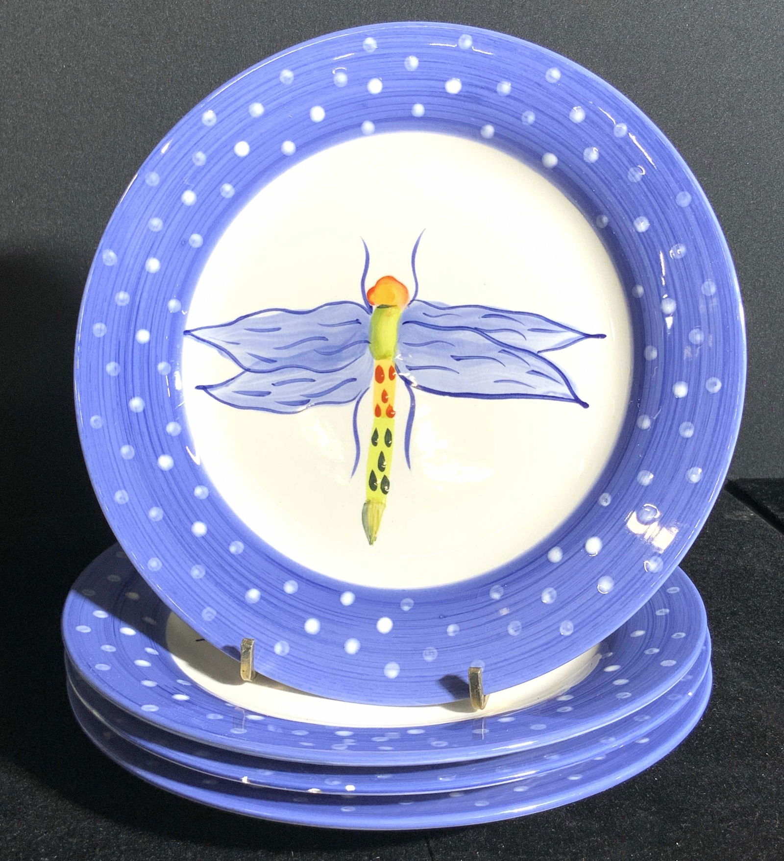 Set 4 Hand Painted Dragonfly Motif Ceramic Plates (1 of 9)