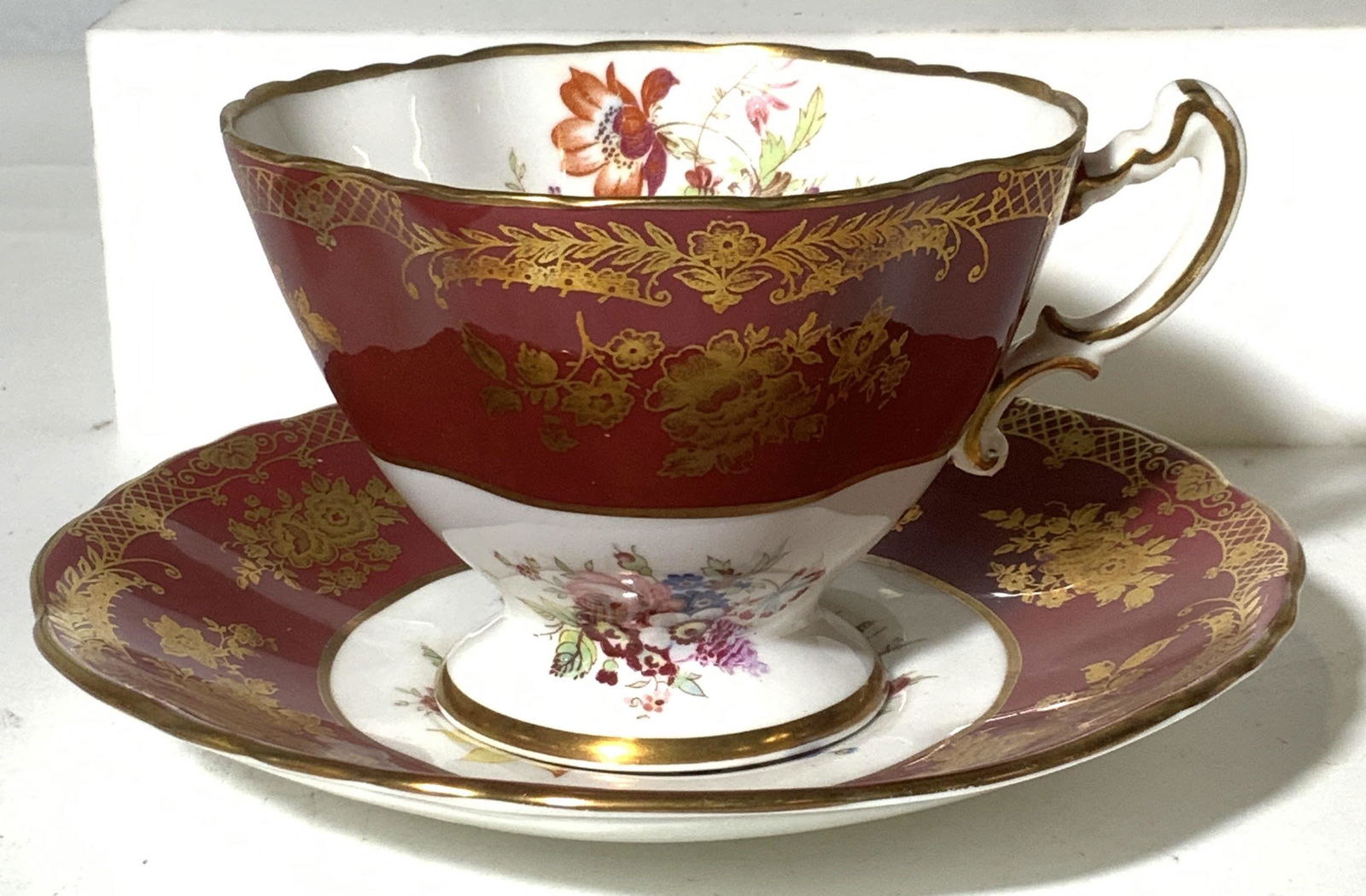 Various Vntg Bone China Tea Cups & Saucers: English & German Manufactories, vintage Pieces, most are Pairs of tea cups and saucers, total pieces 15, Pairs include Solid Gilt TAYLOR & KENT ENGLAND, 24 K or 22 K Gilt floral Guaranteed English Bon