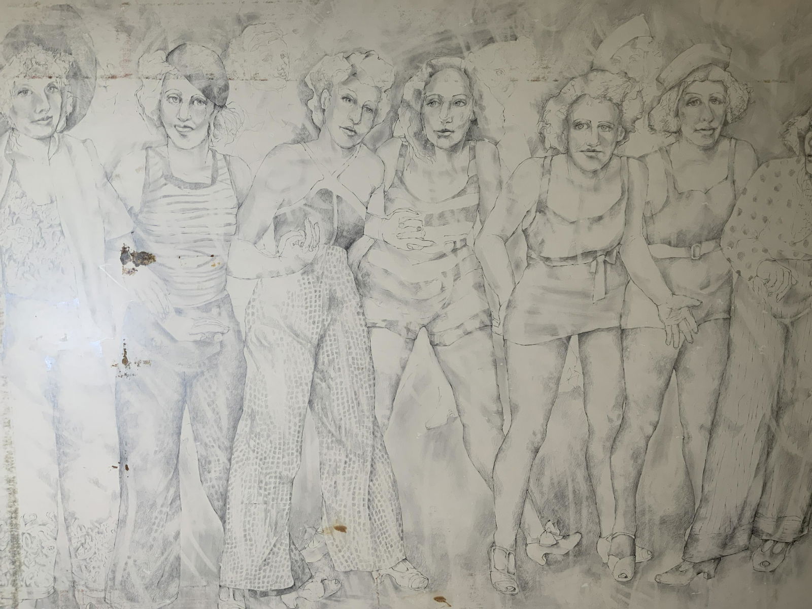 Signed Pencil Drawing of Group of Women (1 of 6)