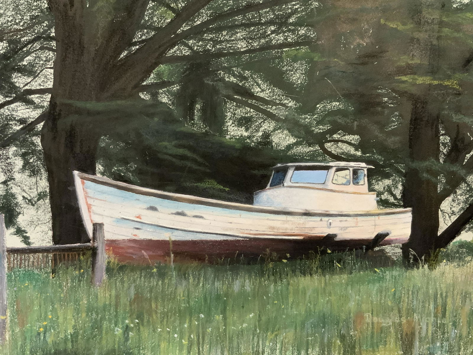 Signed Oil Pastel Boat Drawing (1 of 10)