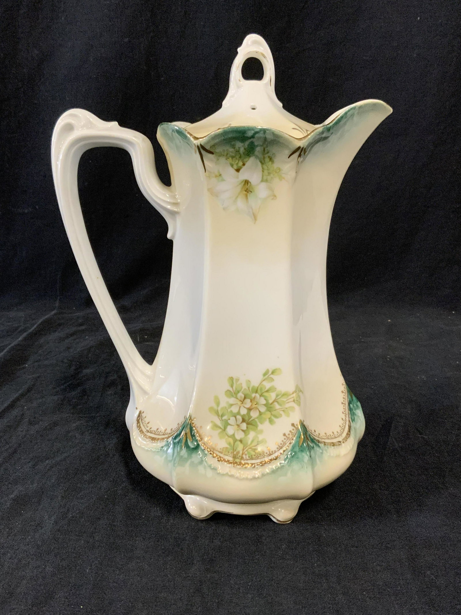 Vintage RS PRUSSIA Ceramic Kettle: Vintage ceramic kettle. Decorated with floral patterns and hand painted elements. Underside is marked RS PRUSSIA in red letter, with a green wreath. Wear is consistent with age and use. Measures appro