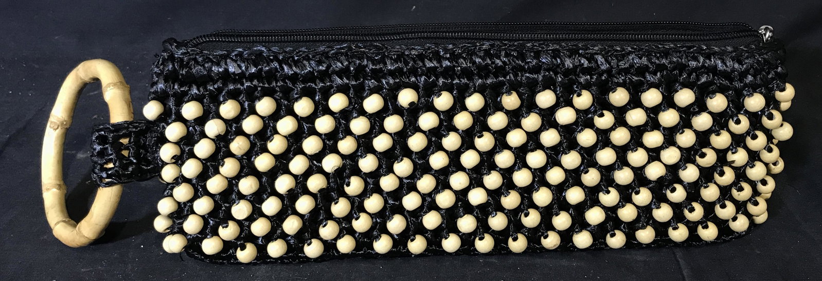 COLD WATER CREEK Viscose with Beads Clutch Purse: Coldwater creek Viscose with beads Black and Tan clutch purse, exterior of purse is made of black viscose with tan beards attached to the ends of each, bamboo handle to purse, tag to interior reads ��