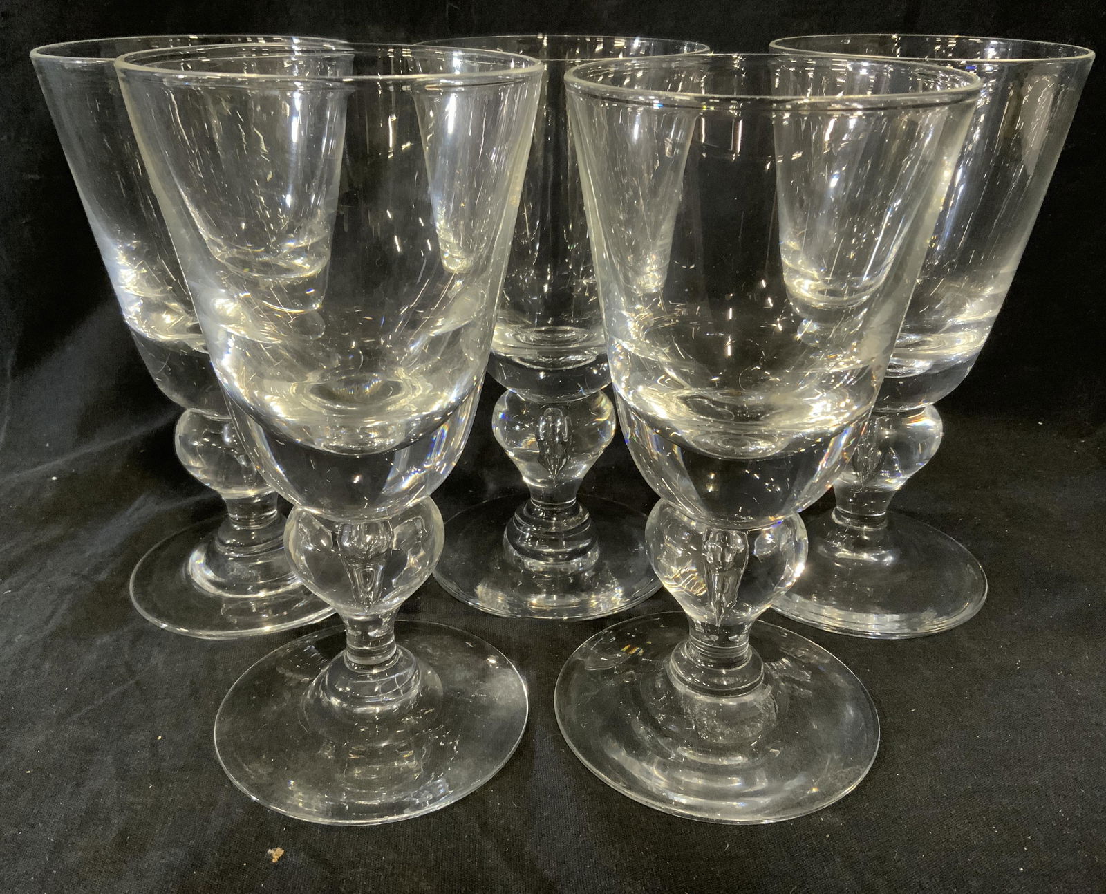 Set 5 Glass Stemware: Set of 5 cut glass drink ware. Some chipping, wear is consistent with age and use. Each measures approx 6.75 inches H and 3.5 inches W. Beer glass, wine glass, cordial glass, dining room accessories,