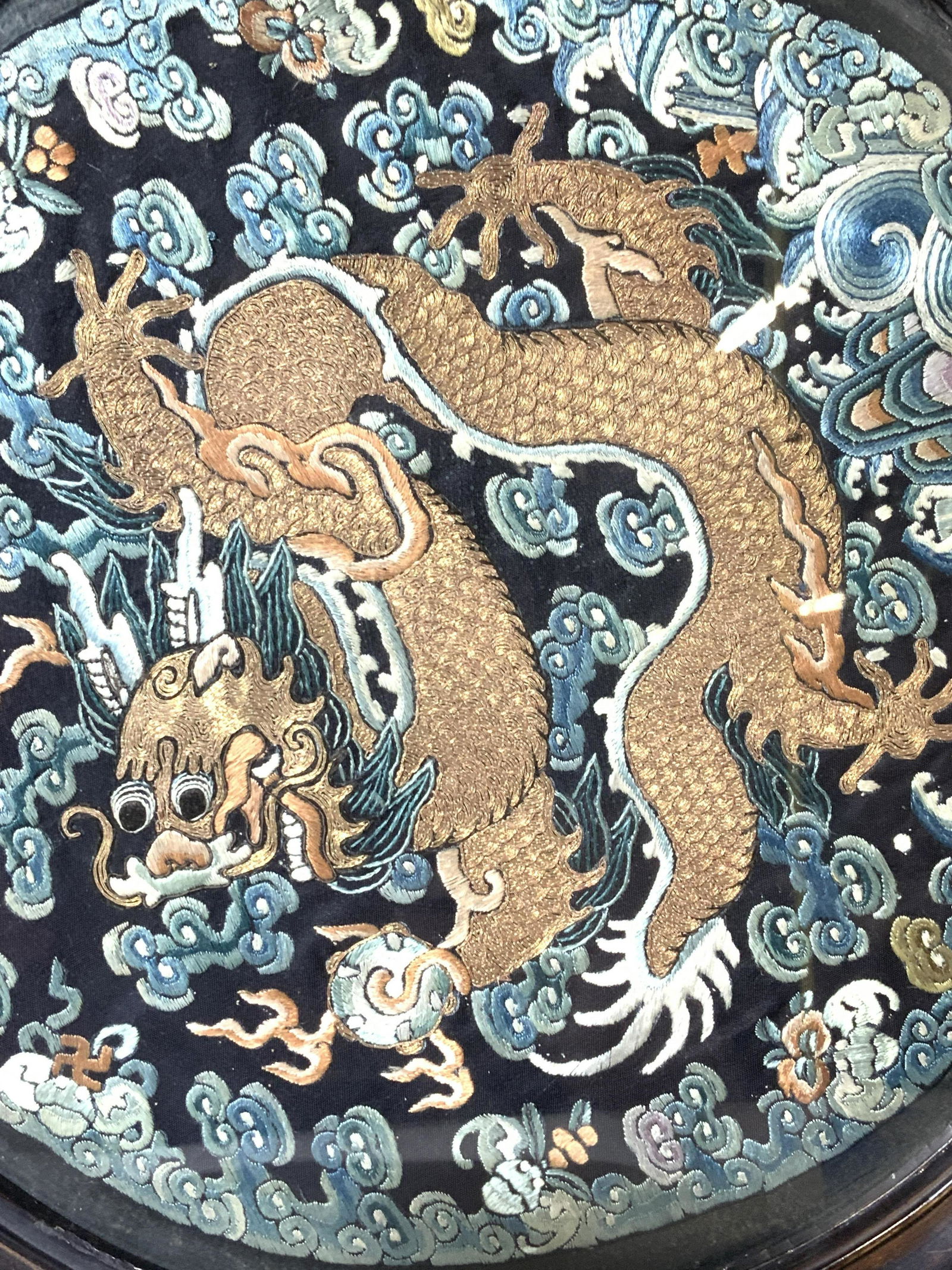 Vintage Framed Asian Fabric Tapestry w Dragon (1 of 5)