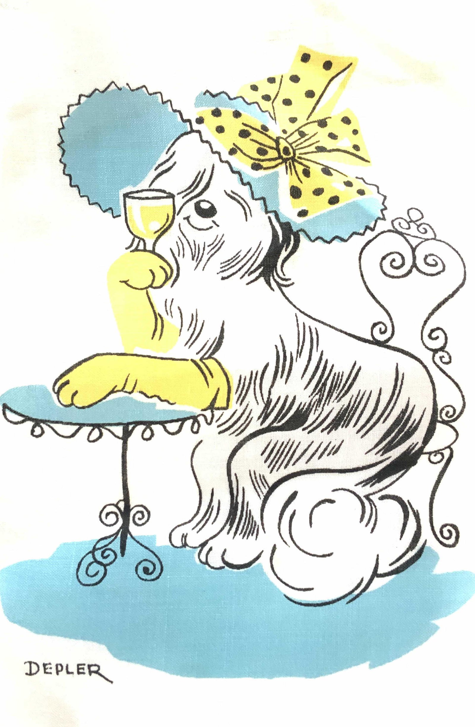 Collectible DEPLER Dog MC Cocktail Napkins, 8: Hysterical novelty of mid century linen cocktail napkins of hound dogs , Dalmatian, Daschund, sheep Shepard, & Spainiel in various poses and outfits drinking a cocktail. A series of 8 animated drinkin