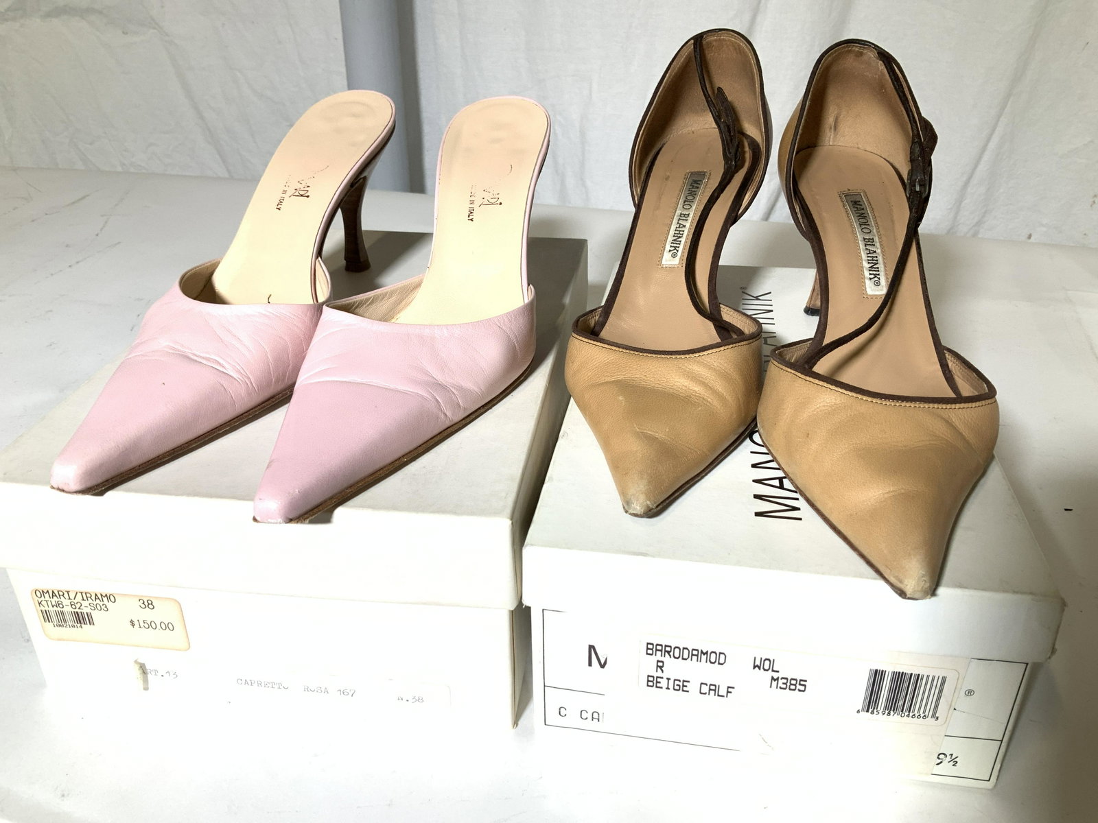 Manolo BLAHNIK, OMARI Vntg Leather Pumps: Vintage Ladies Heels, Manolo Blahnik Beige Calf Leather Barodamod sz 38.5 ( US sz 8), 3 in. heels, made in Italy, in original Box from NYC Store. Omari Capretto Rose Leather Iramo style Pumps, no back