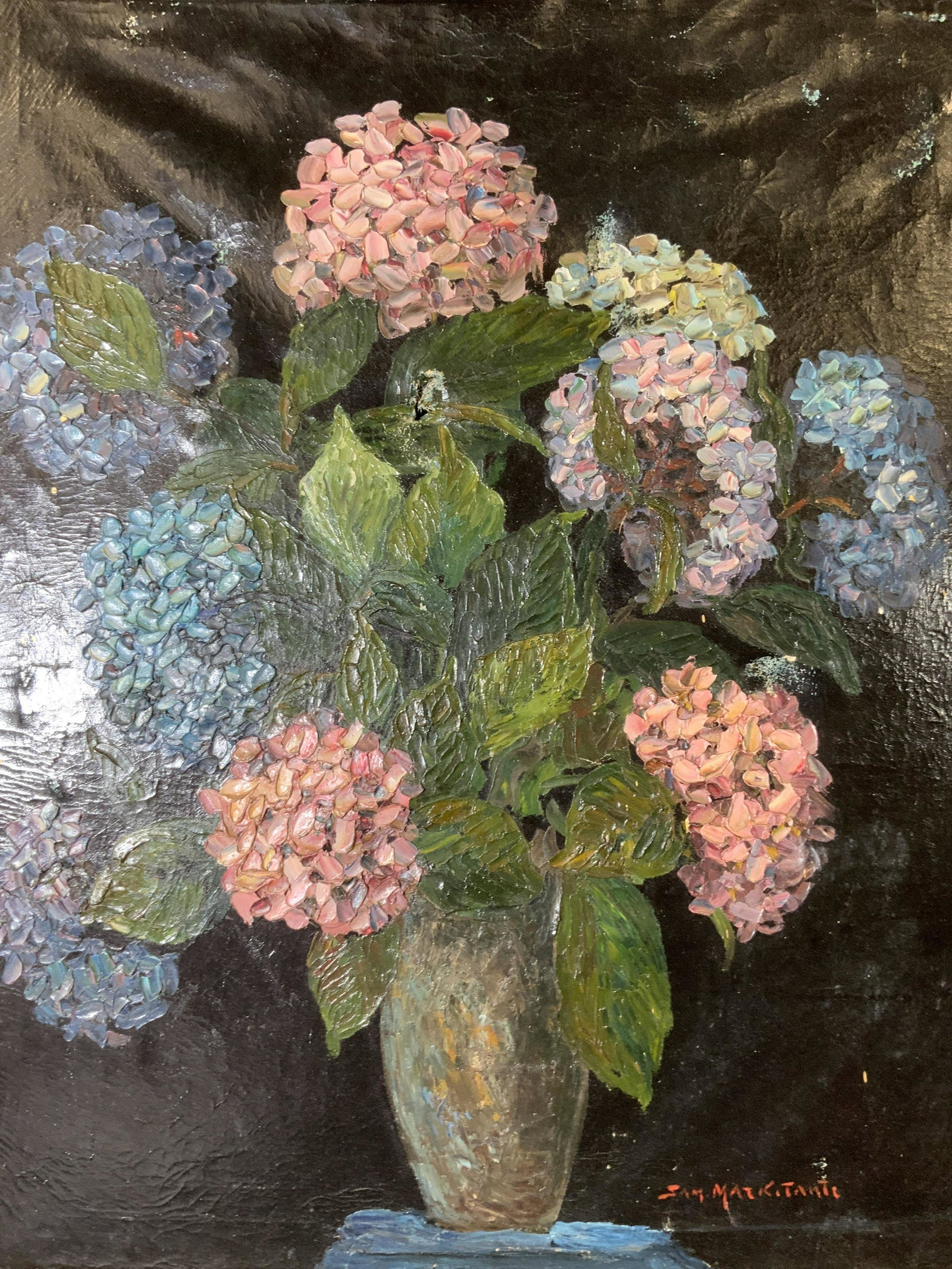 SAMUEL MARKITATE Signed Oil Painting 1938: SAMUEL MARKITATE Signed Oil Painting, signature to lower right reads ‘Sam Markitate’, label reads ‘Sam MARKITATE Russian (1887-1975) Hydrangea in a Vase’, inscription to reverse reads ‘1938�