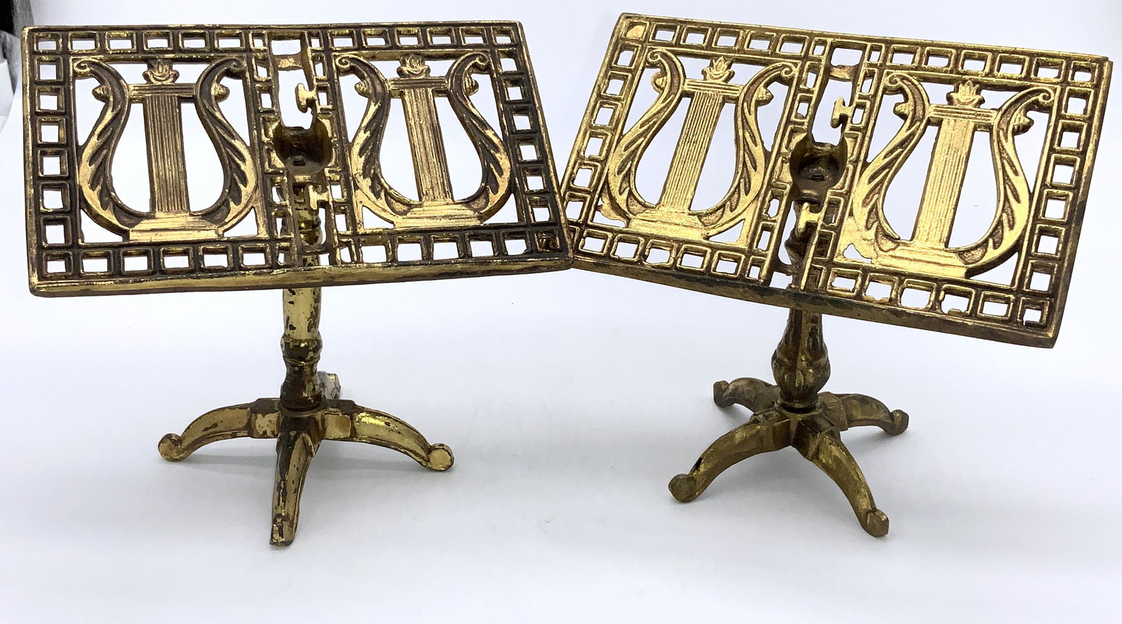 Pair Gilt Metal Harp Short Pedestal Music Stands (1 of 6)