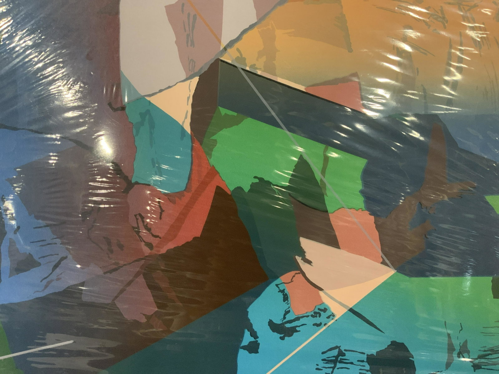 FRINGS Aries II Lithograph Artwork: FRINGS Aries II Lithograph, label reads ‘FRINGS Aries II 2 diptych’, subject abstracted planes of color, measures 29 5/8 x 39 7/8 inches, folds and water damage to edges of piece, bending to prote