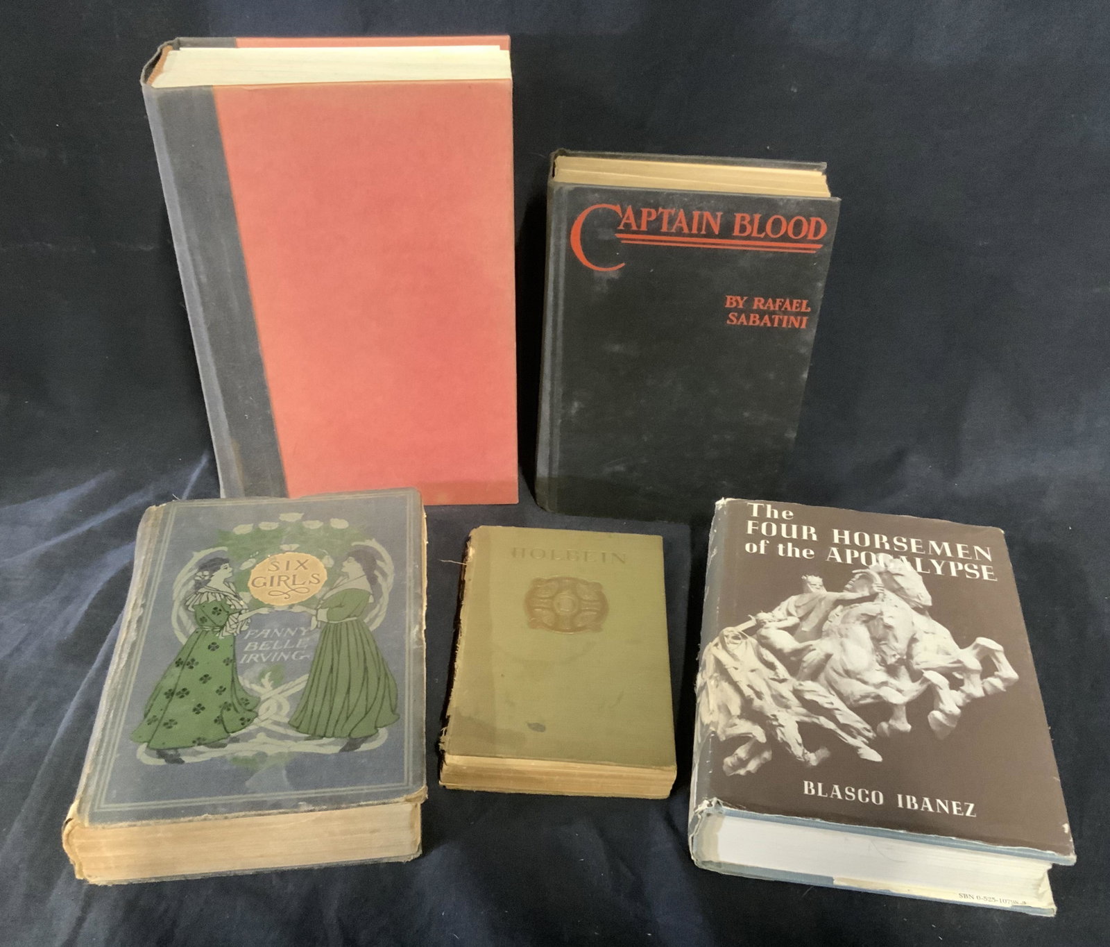 Lot 5 Vintage & Antique Books: Lot of 5 vintage and antique books. Includes ‘The Four Horsemen of the Apocalypse’ by Ibanez, ‘Captain Blood’ by Rafael Sabatini, ‘The Road To Disunion’ by William Freehling, and ‘Six Gi