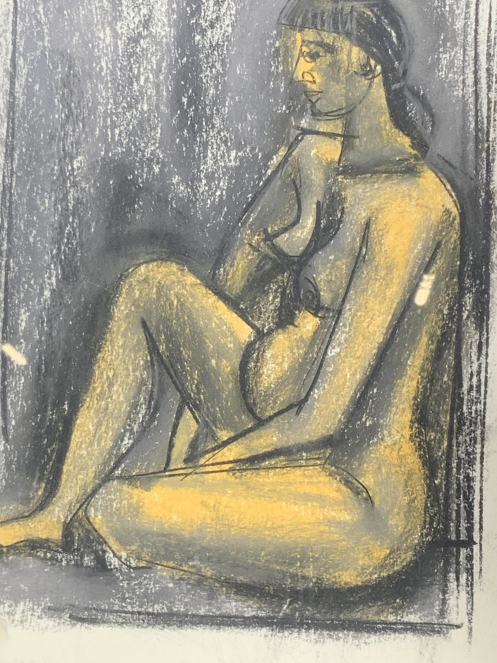 Oil Pastel Female Nude Drawing: Oil Pastel Female Nude Drawing, no apparent inscriptions or markings, subject a primitivist styled female nude in yellow and grey, black matting, silver toned metal frame, measures 14.5 inches tall by