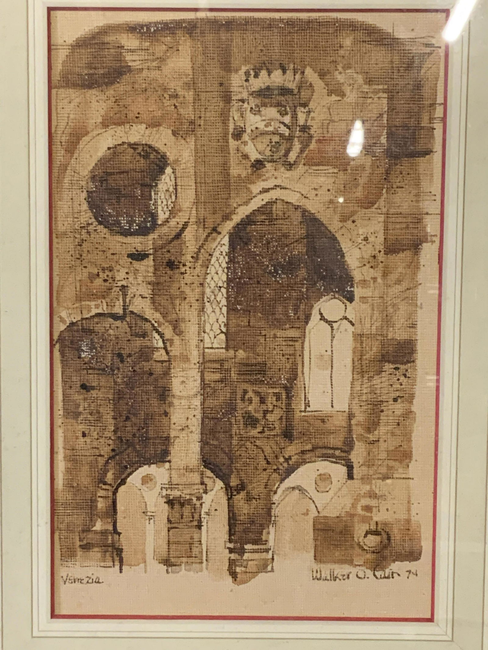 Signed Watercolor Architecture Painting: Signed watercolor architecture painting, signature and date to the lower right corner possibly reads Â‘Walker O. Cain 74Â’ text to lower left corner possibly reads Â‘VerenziaÂ’, subject a