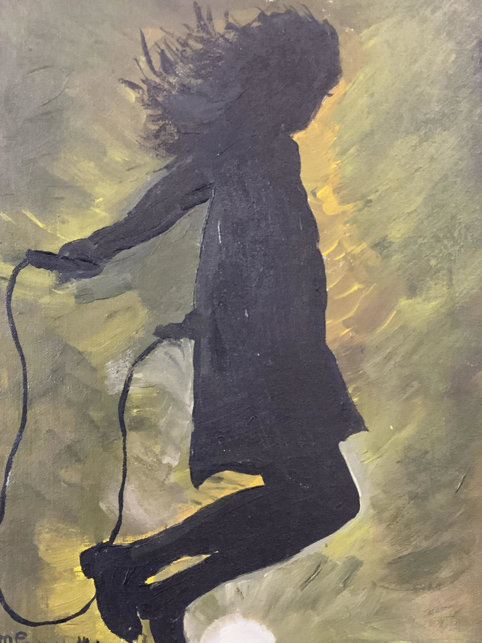 JME Initialed Acrylic on Canvas Board Silhouette: JME Initialed Acrylic on canvas board silhouette, initials and date to the lower left corner read ‘JME 74’, various text to reverse reads ‘Games Jumping Rope’ and ‘Jean M. E—, Acrylic, 3/4