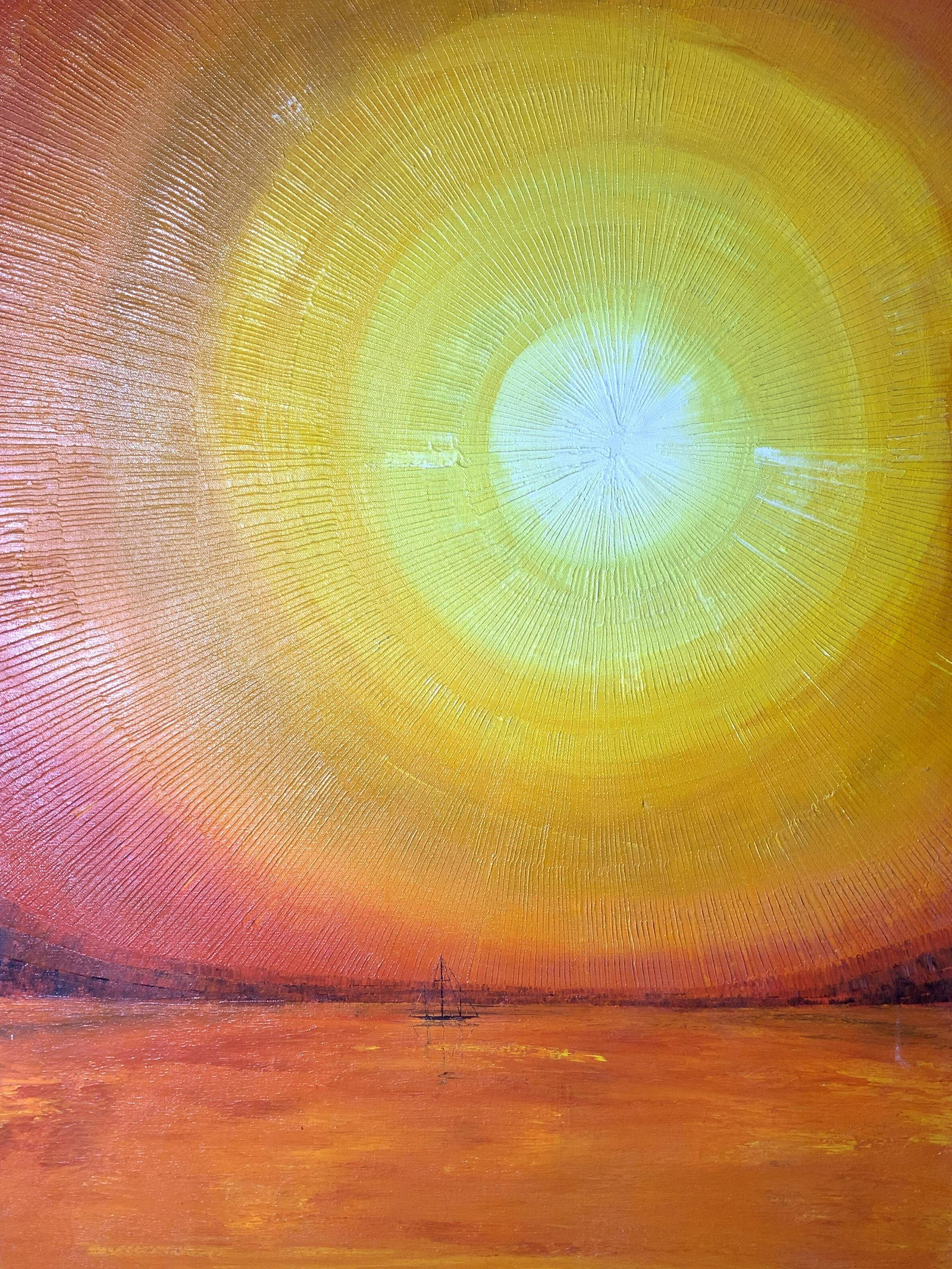 Signed Oil on Canvas Sunset: Signed oil on canvas sunset, signature to the lower left corner written illegibly, date aside signature to the lower left corner reads ‘1971’, subject a sun setting at sea with a single boat on th