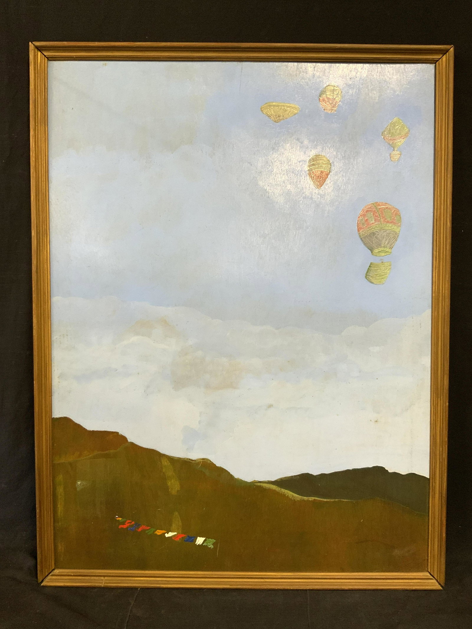 Acrylic on Wood Landscape with Hot Air Balloons: Acrylic on Wood landscape with hot air balloons, no apparent inscriptions or markings, subject a minimalist scene depicting a group of hot air balloons over rolling mountains with a single string of c