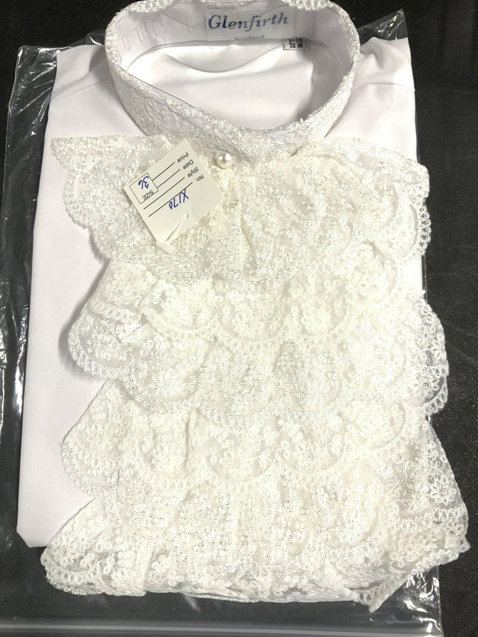Grp 4 Never Worn Vntg Ladies Lace, Cotton Blouses: Size Small stretch lace tee shirt, in original package , high neck, appears to be short sleeve, cream color. White Cotton GLENFIRTH Scotland long sleeve blouse with layered laced removable front ( jab