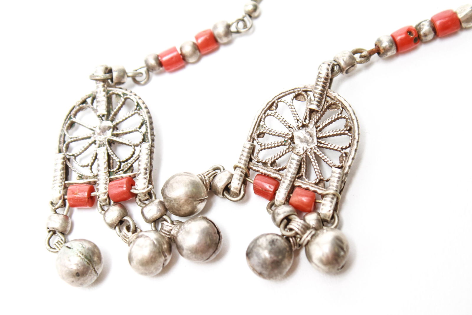 Yemen Tribal Silver & Red Coral Dangle Earrings Pr (1 of 2)