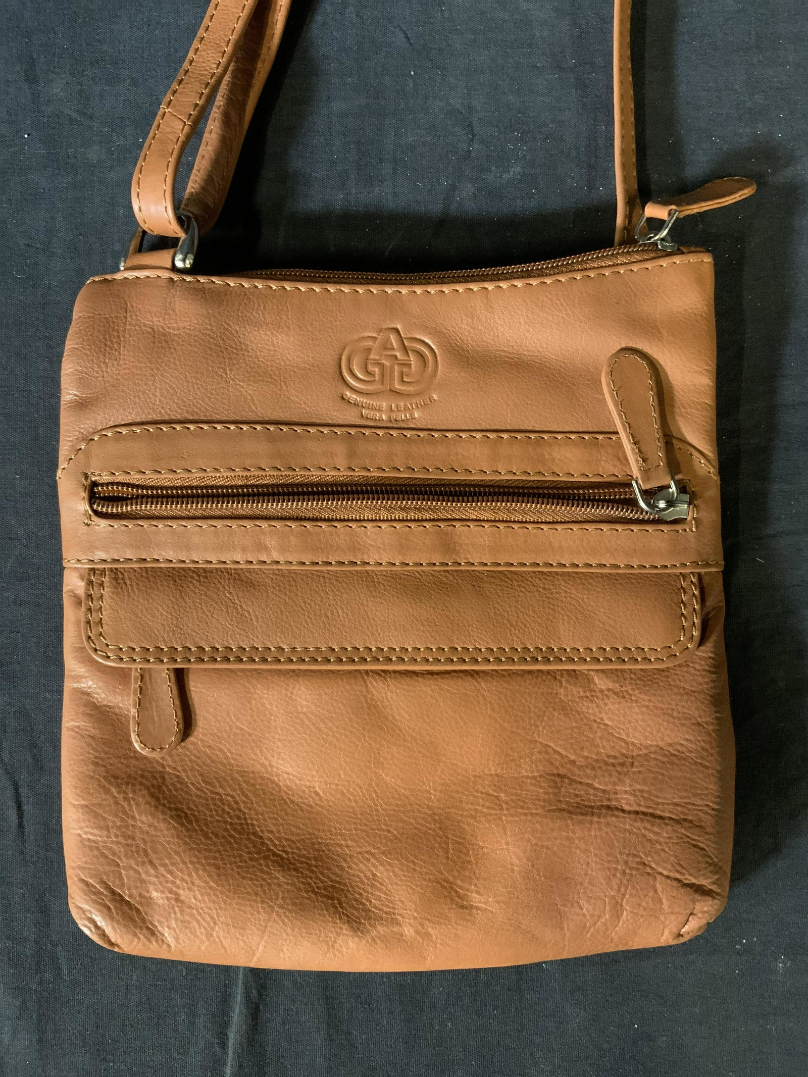 VERA PELLE Leather Crossbody Bag: VERA PELLE Leather Crossbody Bag, inscription reads ‘Genuine Leather Vera Pelle’, measures 8 x 7 3/4 inches, drop measures 17 7/8 inches, surface wear to piece, Vera PELLE, leather, leatherware, l