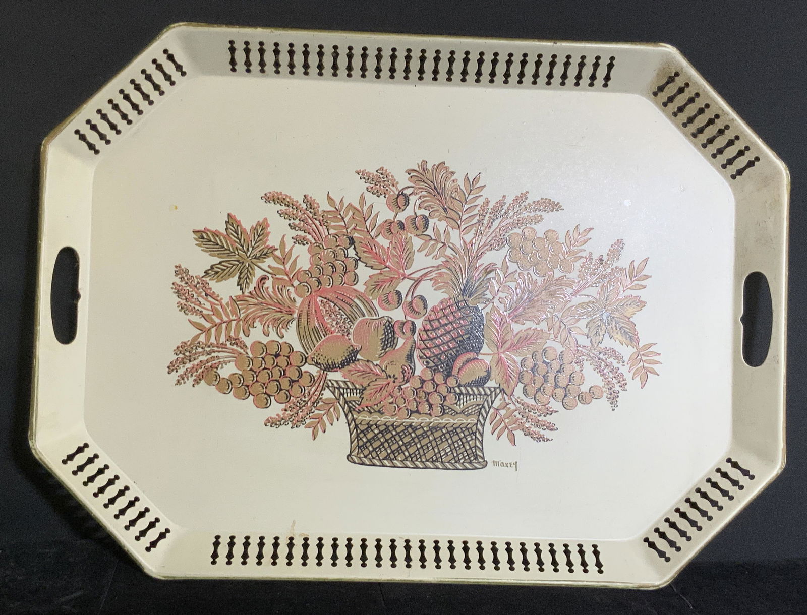 MAXEY Signed Toleware Fruit Motif Serving Tray (1 of 8)