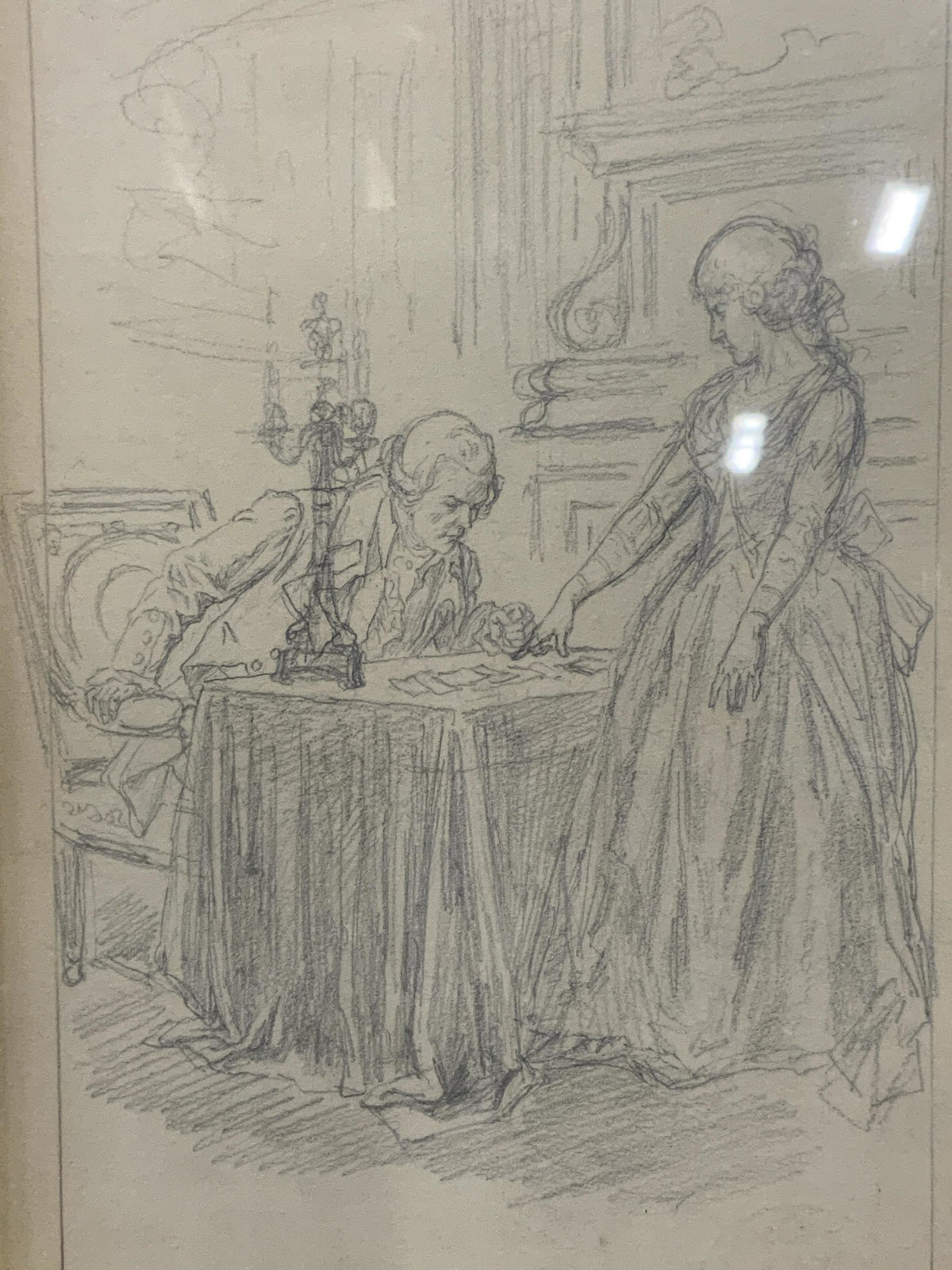 Rococo Style Pencil Drawing: Rococo style pencil drawing, no apparent inscriptions or signatures, subject a woman speaking to a man seated at a desk, white matting with gilt wood inner frame, gilt wood and white frame, measures 1