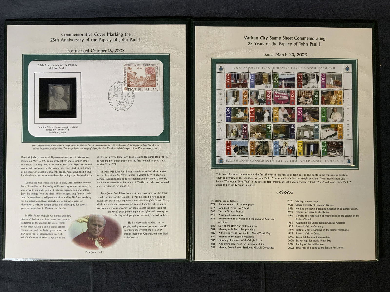 Pope John Paul II Commemorative Stamps: Pope John Paul II Commemorative Stamps, inscriptions to covers read ‘Pope John Paul II Official 25th Anniversary Commemoratives’, ‘Official International Tributes to Pope John Paul II Casimira M