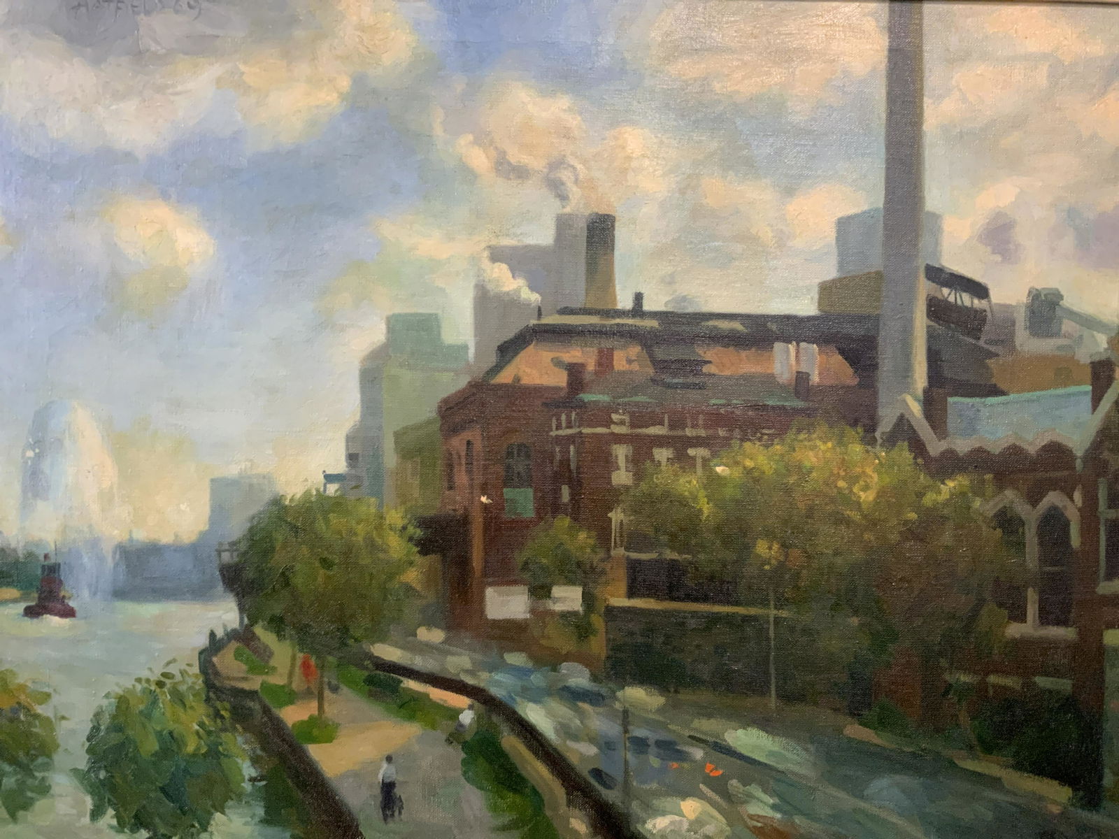 DON HATFIELD Signed Oil on Canvas 69: Don Hatfield Signed oil on canvas 69, signature and date to the upper left corner reads ‘Hatfield 69’, subject a waterside industrial town with a steamboat in the water, linen inner framing, gilt