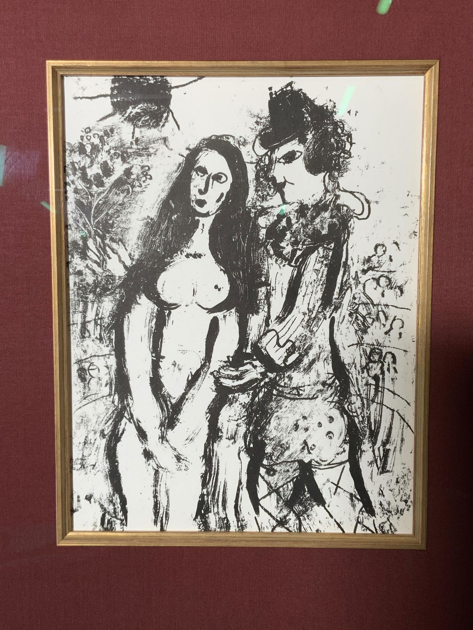 MARC CHAGALL Black & White Figural Lithograph: Marc Chagall Black and White Figural Lithograph, no apparent inscriptions or markings, plaque to the lower border of frame reads ‘Marc Chagall’, piece done in the style there of Marc Chagall, subj