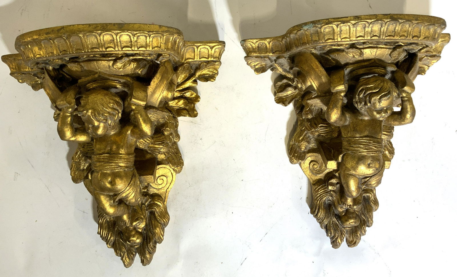 Pair Gold Leafed Composite Cupid Wall Shelves (1 of 10)