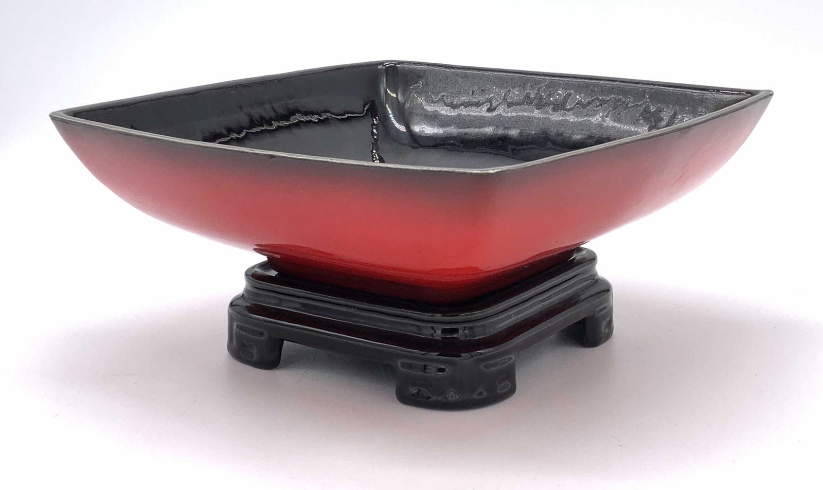 Glazed Red & Black Signed Ceramic Bowl W/ Stand (1 of 11)