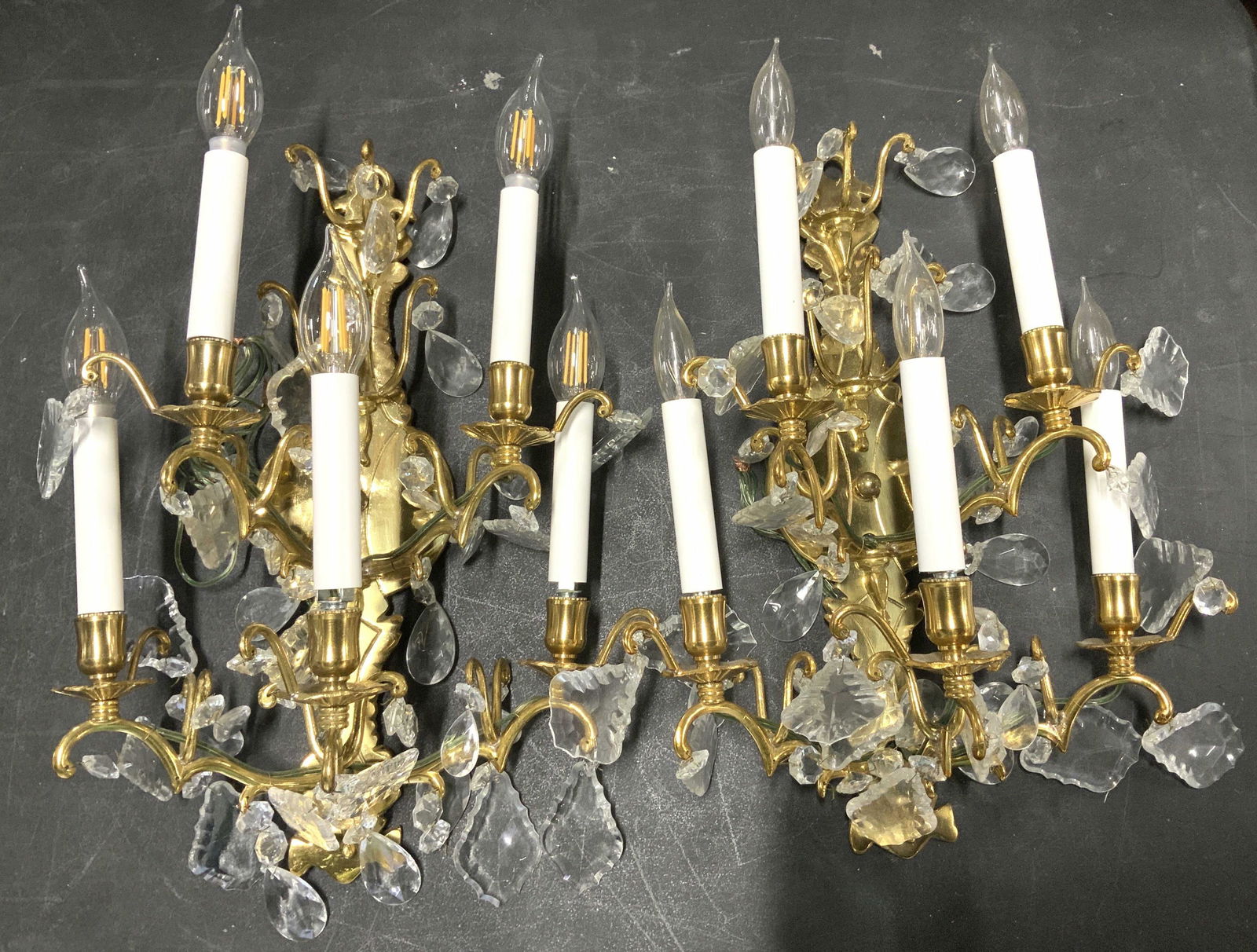 Pair 5 Arm Brass Candelabra Sconces w/ Prisms (1 of 12)