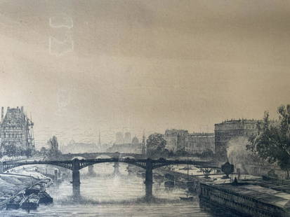 MAXIME LALANNE View from Concorde Bridge Etching: MAXIME LALANNE View from Concorde Bridge Etching, inscription to lower left reads ‘MAXIME Lalanne’, not examined out of frame, subject a view of a bridge and river, measures 25 1/4 x 35 3/8 inches