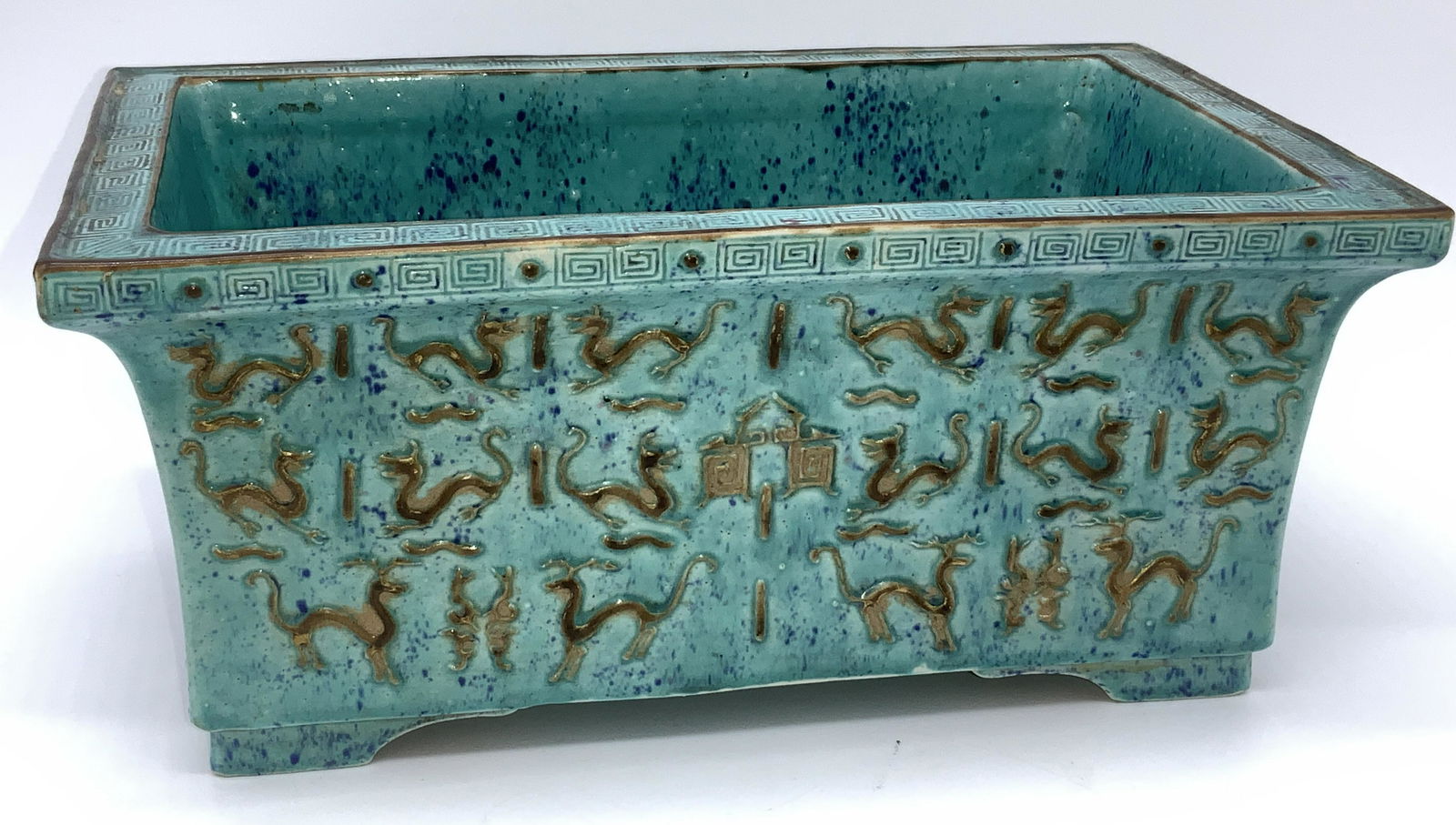 Antique Signed Asian Glazed Ceramic Aqua Planter (1 of 11)