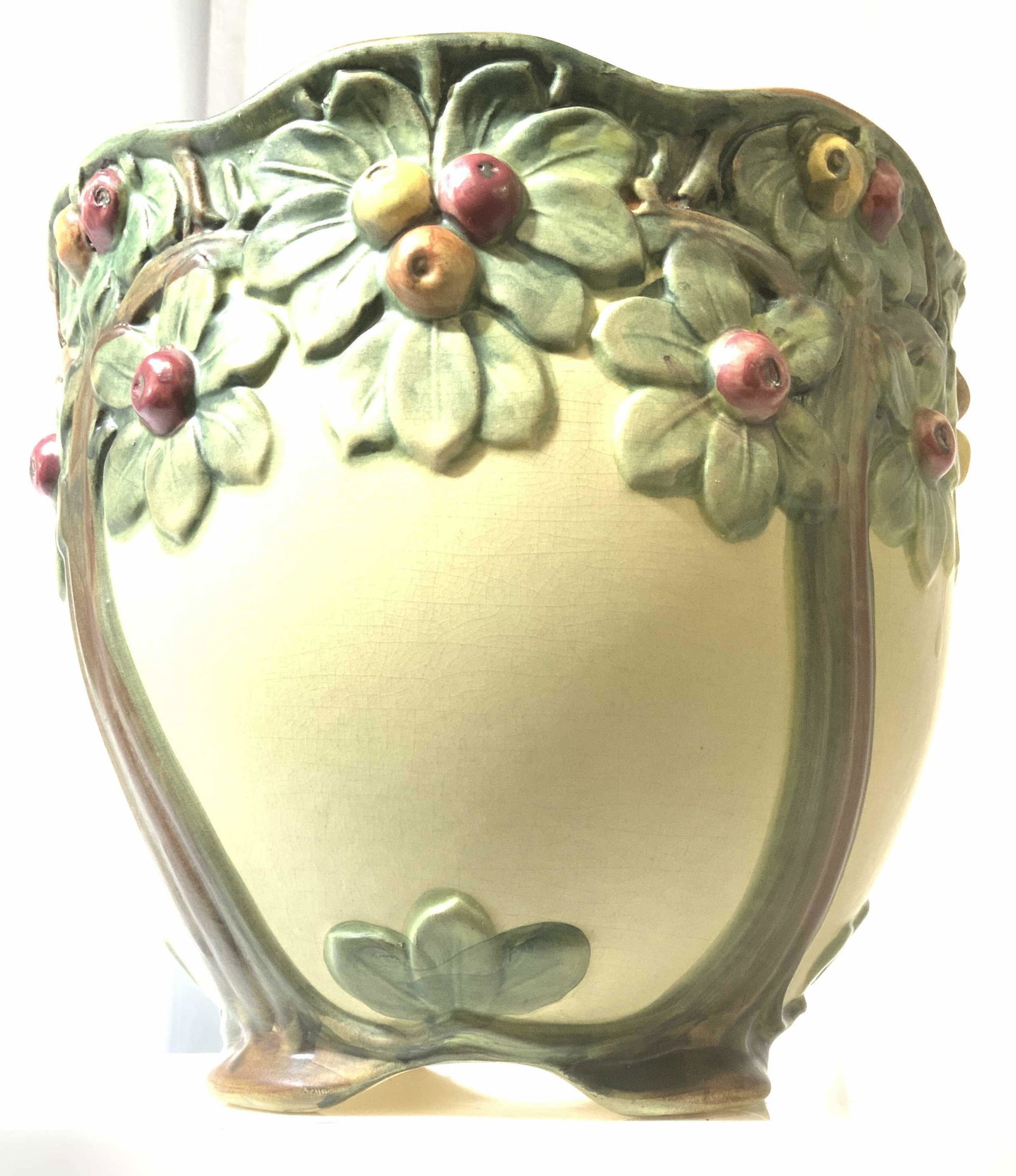 Majolica Tree & Berry Ceramic Jardiniere Pot, Sgn (1 of 9)