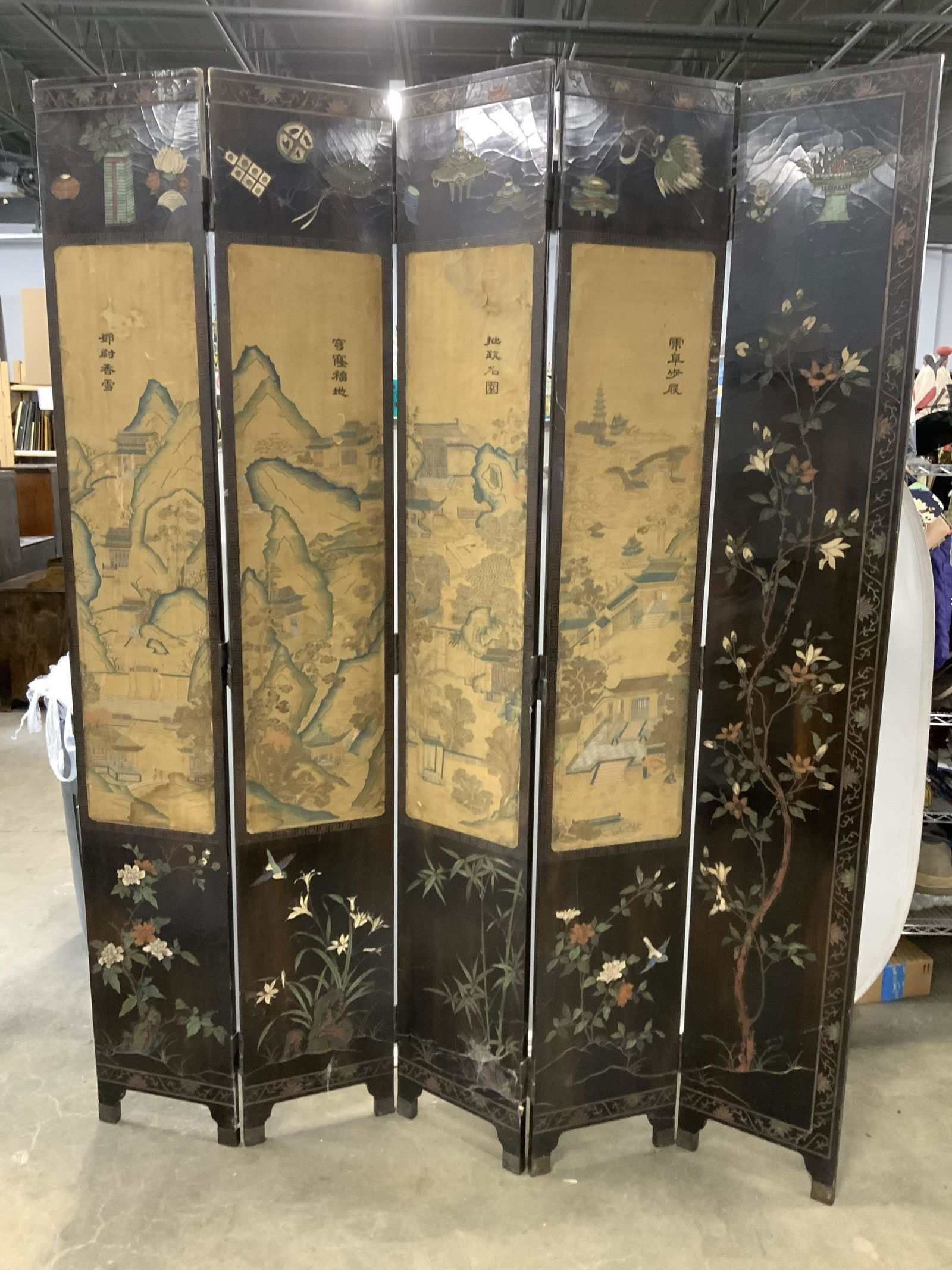 Antique Asian Five Panel Room Screen, 8ft Ht (1 of 19)