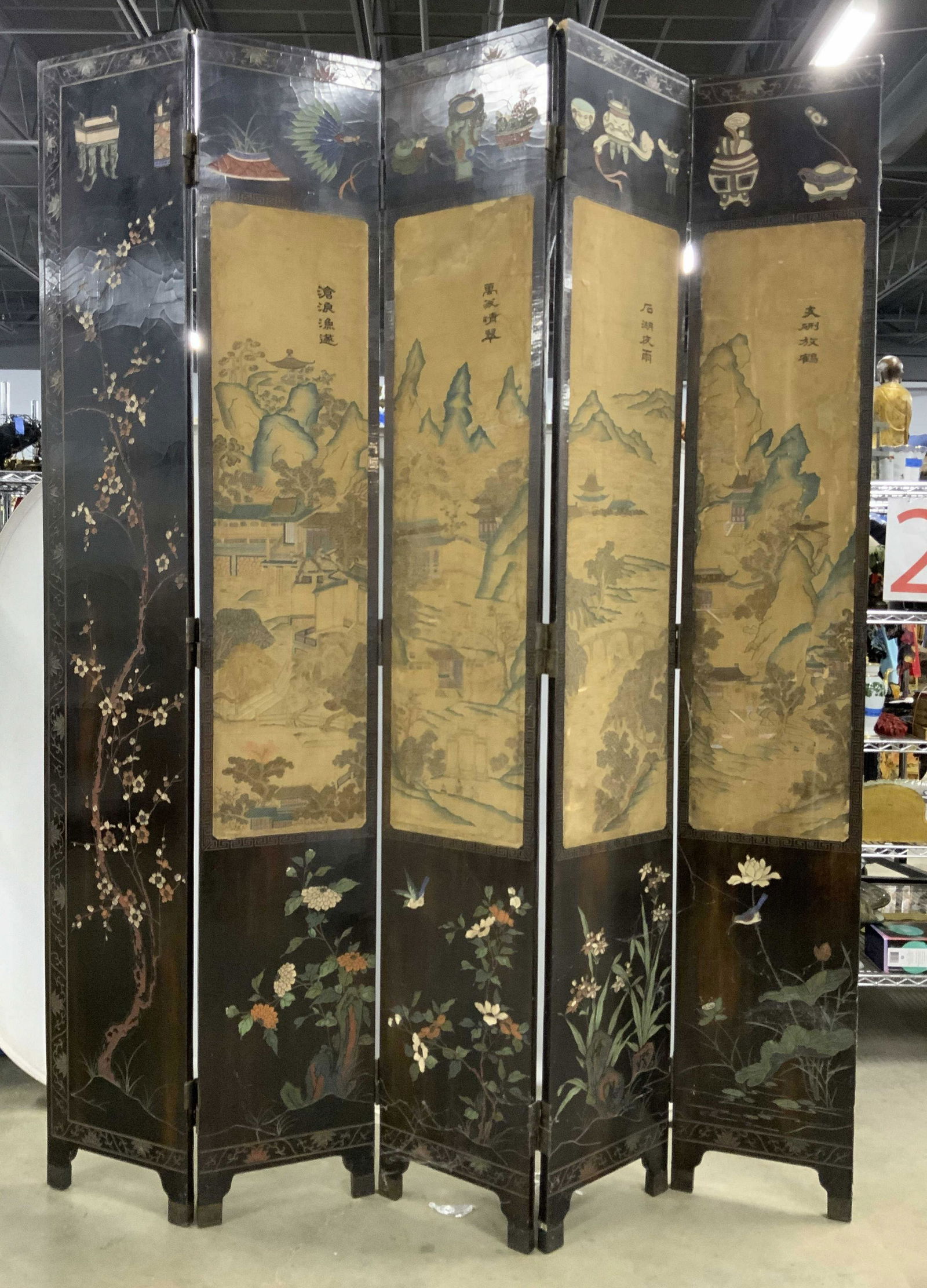 Antique Asian Five Panel Room Partition 8ft Ht (1 of 17)