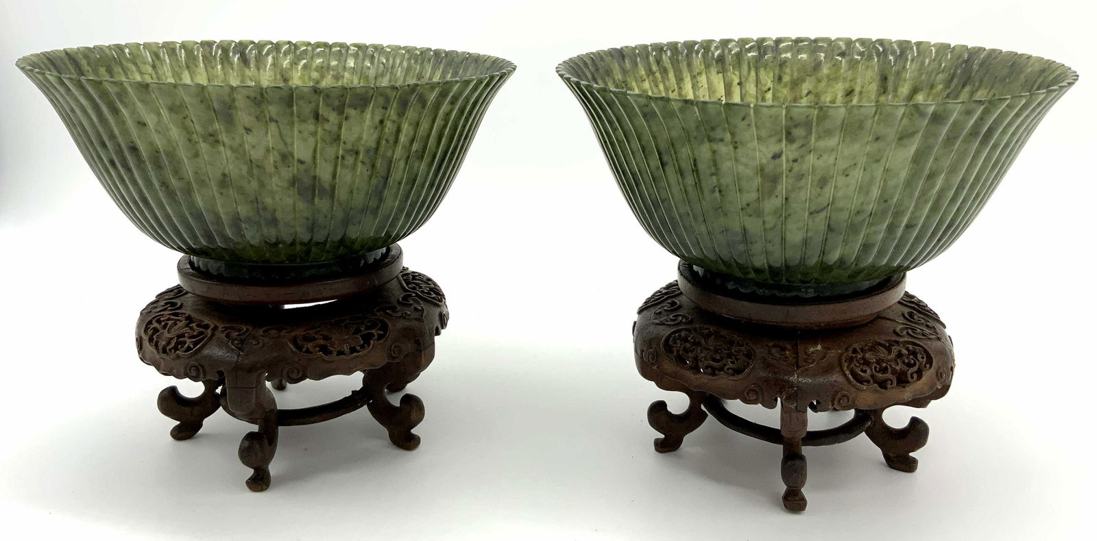 Pair Tibetan Spinach Jade Bowls with Wooden Stands (1 of 9)