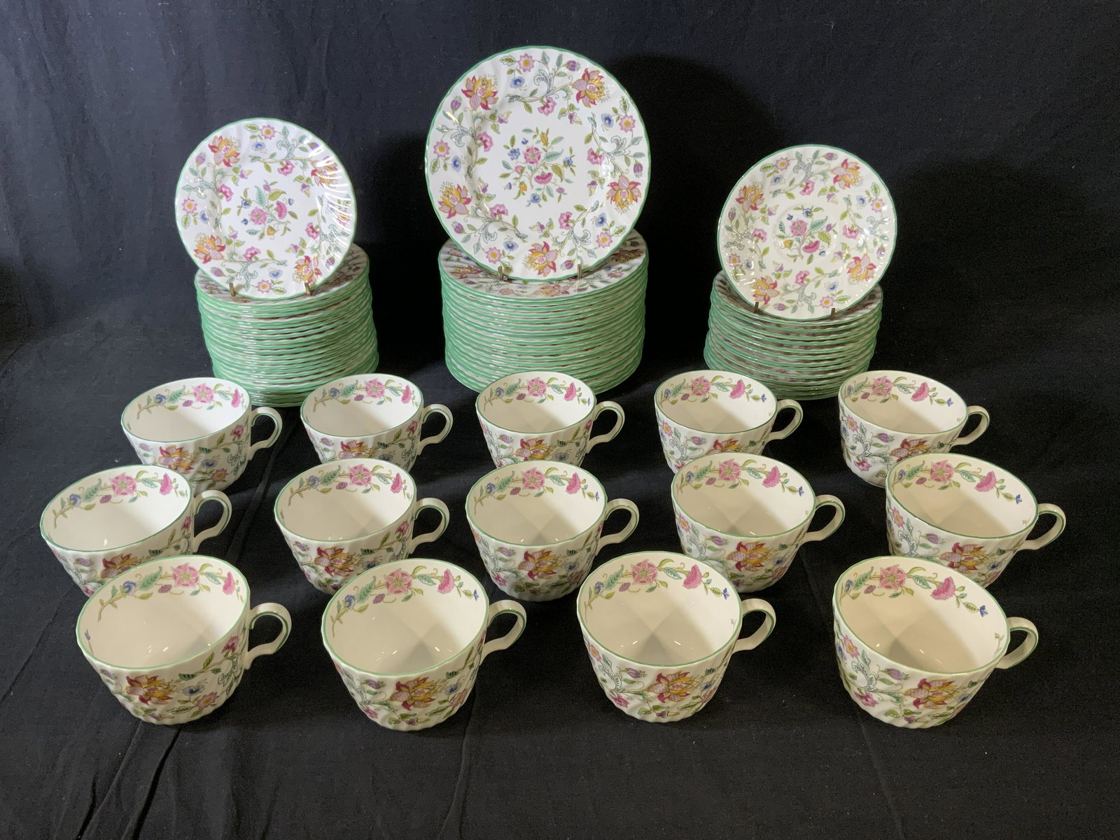 Set 71 MINTON Bone China Dinnerware: Set 71 MINTON Bone China Dinnerware, stamps read ‘Haddon Hall Founded Minton 1793 Bone China Made in England designed by John Wadsworth’, teacups measure 2 7/8 inches tall x 4 3/4 inches wide, sma