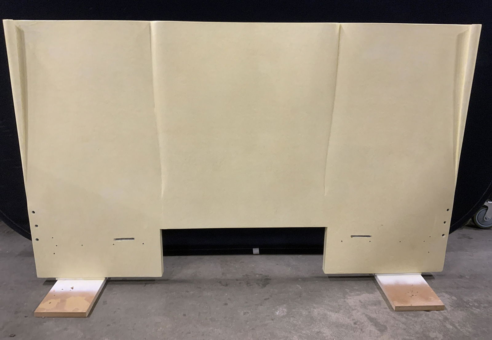 Vintage Art Deco Headboard: Art Deco headboard, circa 1930s. Headboard is curled, the ends scroll inward towards each other. Wear is consistent with age and use, some chipping to paint, cracks present. Appears to be crafted from