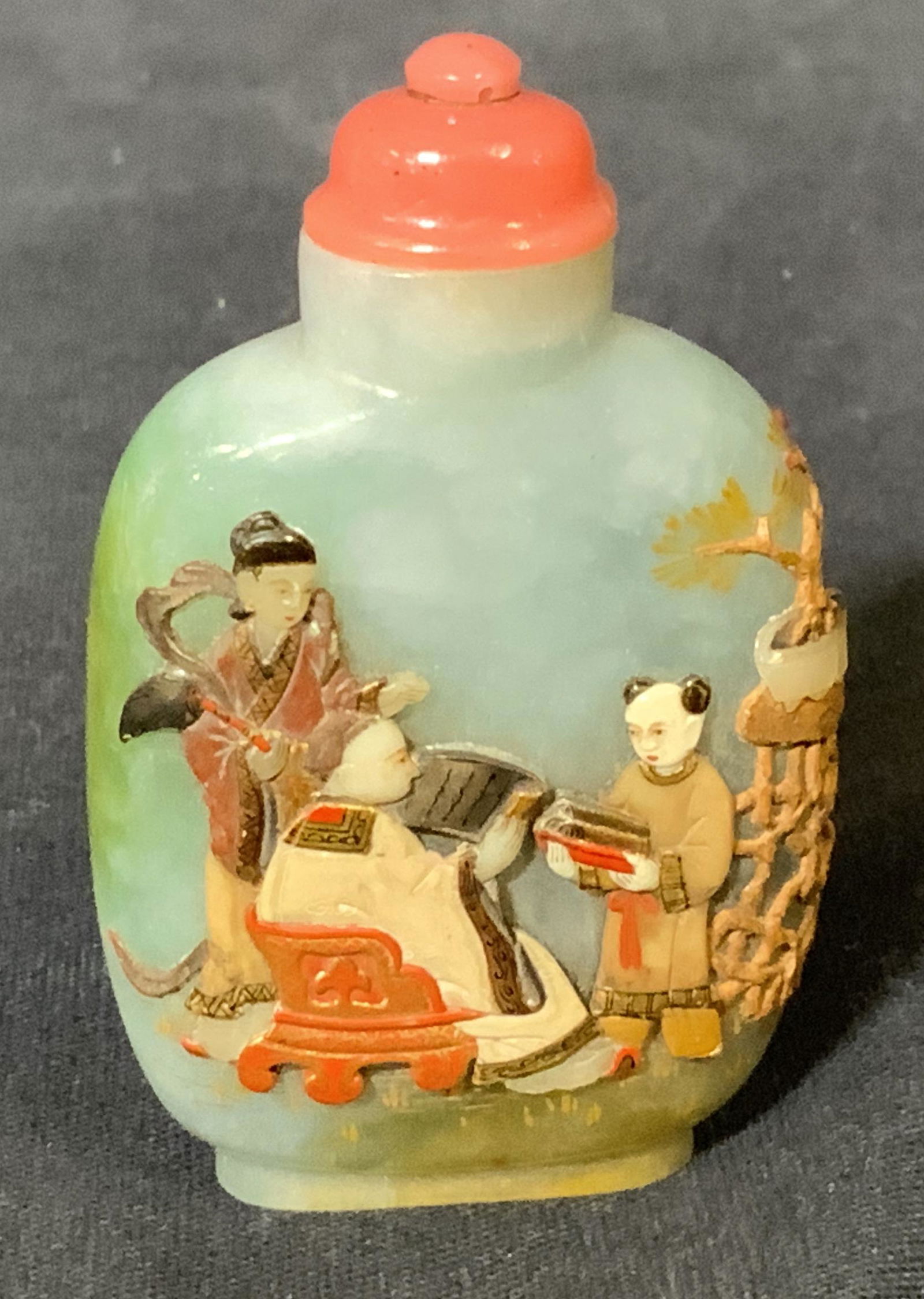 Asian Stone Snuff Bottle with Reliefs & Wooden Box (1 of 12)