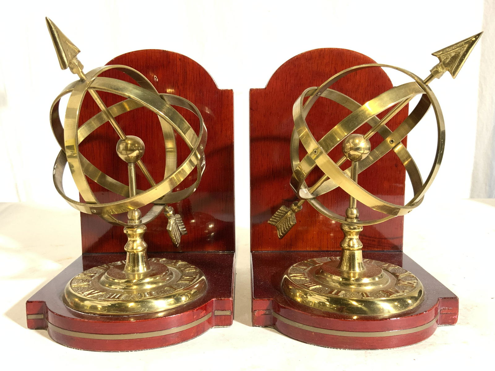 Pair Brass & Veneer Armillary Bookends (1 of 10)