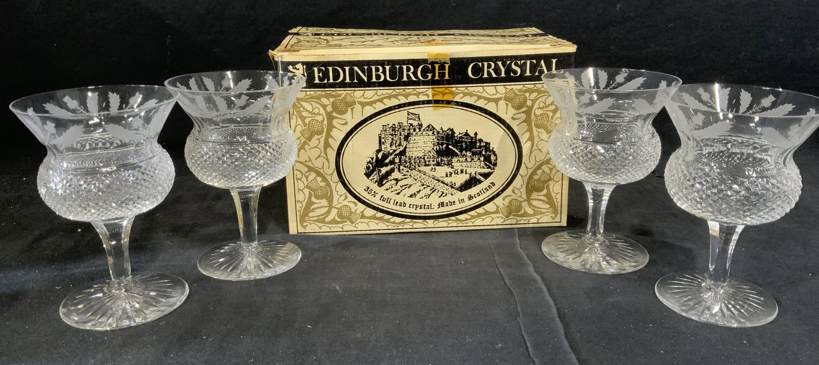 Edinburgh Crystal Lead Crystal Stemware: Edinburgh crystal lead crystal stemware, comes in original box, set of 4 stemware glasses, cordial liqueur glasses possibly wine glasses, text to box reads ‘Edinburgh Crystal. 35% Full Lead Crystal.