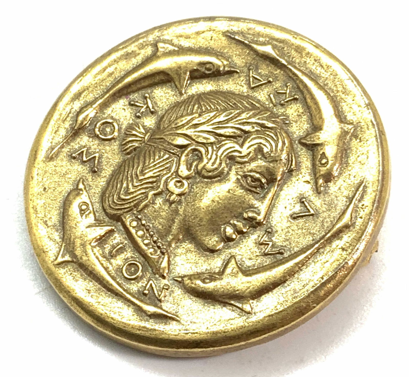 Dolphin & Female Bust 10k Gold Coin Metal Brooch (1 of 9)