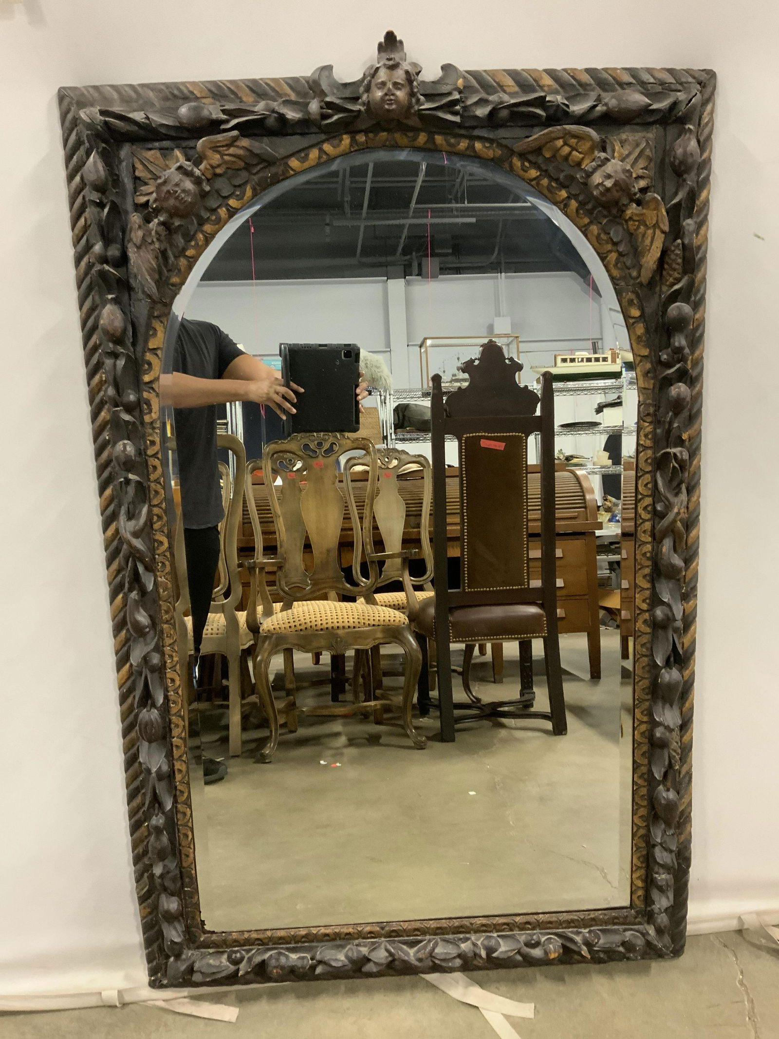 Antq Beveled Carved Wood Frame Mirror (1 of 10)