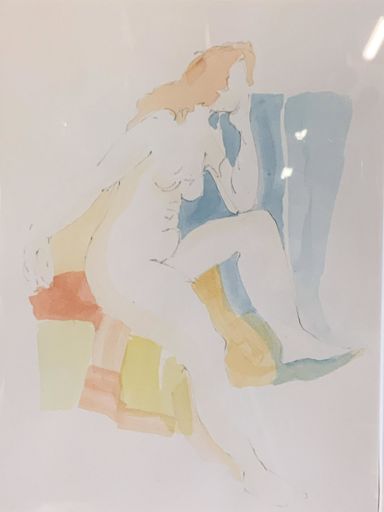 DULCIE VOISIN Watercolor Female Nude: Dulcie Voisin watercolor female nude, no apparent inscriptions or markings, subject a minimalist female nude seated with elbow perched on her knee, with legs crossed and arms above her head, surroundi