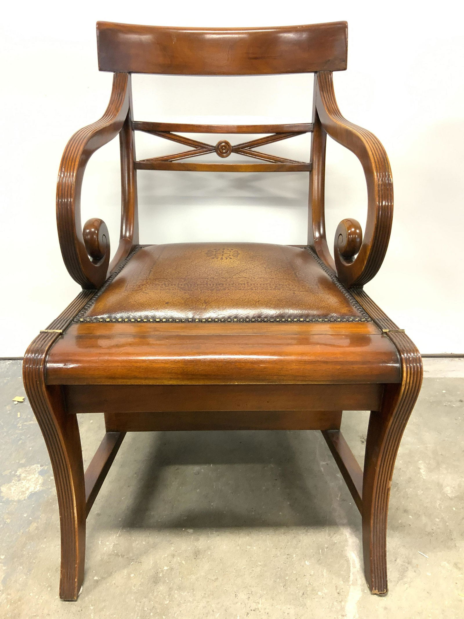 Vtg Crvd Wooden Leather Seat Chair W Library Steps (1 of 12)